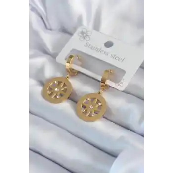 316L Çelik Gold Renk Kutup Yıldızı Model İşleme Detay Zirkon Taşlı Kadın Küpe