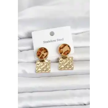 316L Çelik Gold Renk Leopar Desenli Plaka Model Kadın Küpe