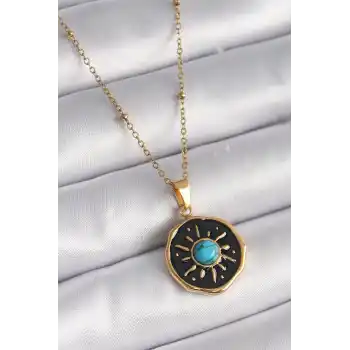 316L Çelik Gold Renk Mavi Boncuk Güneş İşleme Madalyon Model Kadın Kolye