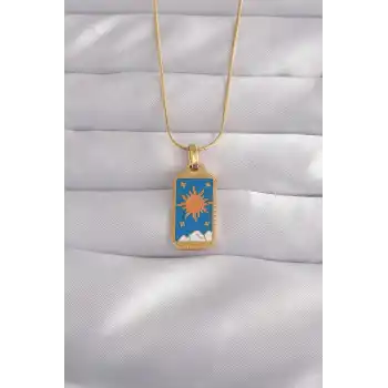 316L Çelik Gold Renk Mavi Mineli Güneş Model Tarot Kolye