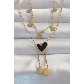 316L Çelik Gold Renk Mineli Çoklu Kalp Kolye