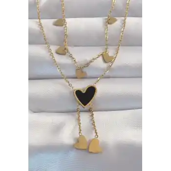 316L Çelik Gold Renk Mineli Çoklu Kalp Kolye