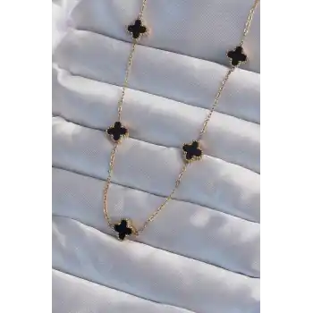 316L Çelik Gold Renk Minimal Siyah Mineli Yonca Kolye