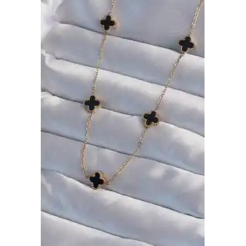 316L Çelik Gold Renk Minimal Siyah Mineli Yonca Kolye