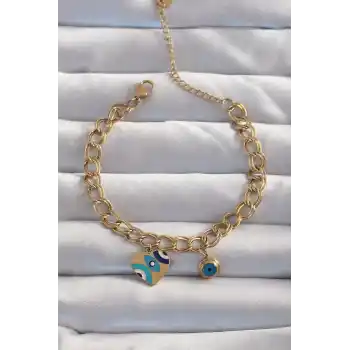 316L Çelik Gold Renk Nazarlı Kalp Model Zincir Bileklik
