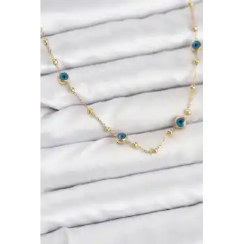 316L Çelik Gold Renk Nazarlı ve Topçuklu Model Kadın Kolye