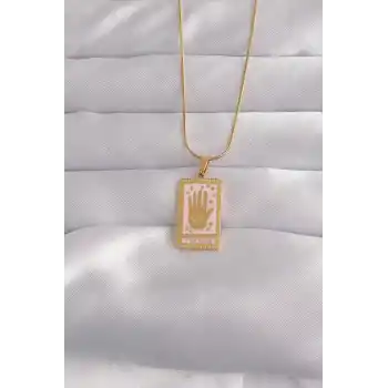 316L Çelik Gold Renk Pembe Mineli El Figür Tarot Kolye