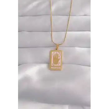 316L Çelik Gold Renk Pembe Mineli El Figür Tarot Kolye