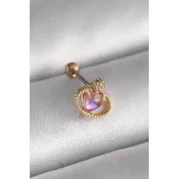316L Çelik Gold Renk Pembe Mineli Kalp Zirkon Taş Detay Tragus Piercing