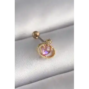 316L Çelik Gold Renk Pembe Mineli Kalp Zirkon Taş Detay Tragus Piercing