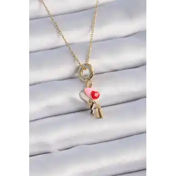 316L Çelik Gold Renk Renkli Kalp Figür Charm Model Kadın Kolye