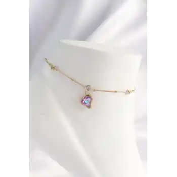 316L Çelik Gold Renk Renkli Zirkon Taşlı Kalp Halhal