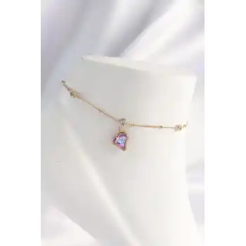 316L Çelik Gold Renk Renkli Zirkon Taşlı Kalp Halhal