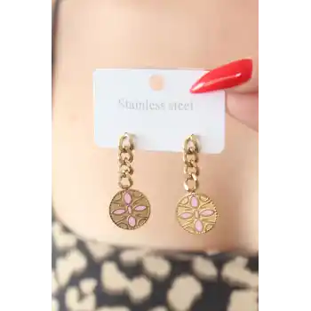 316L Çelik Gold Renk Sallantı Çiçek Model İşleme Detay Kadın Küpe
