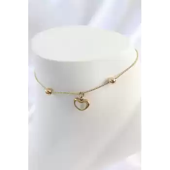 316L Çelik Gold Renk Sallantı Mineli Kalp Figür Topçuk Detay Kadın Halhal