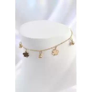 316L Çelik Gold Renk Sallantı Topçuk Yonca Model Kadın Halhal