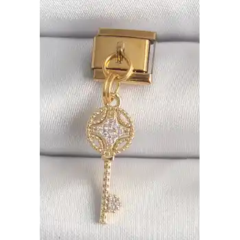 316L Çelik Gold Renk Sallantı Zirkon Taşlı Anahtar Model Nomination Charm