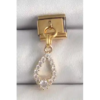 316L Çelik Gold Renk Sallantı Zirkon Taşlı Damla Model Nomination Charm
