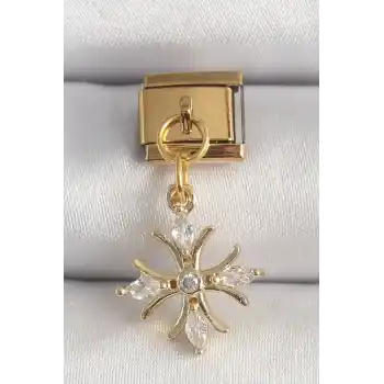 316L Çelik Gold Renk Sallantı Zirkon Taşlı Kar Tanesi Model Nomination Charm