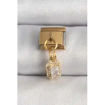 316L Çelik Gold Renk Sallantı Zirkon Taşlı Kare Model Nomination Charm