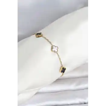 316L Çelik Gold Renk Siyah Beyaz Baby Yonca Model Kadın Bileklik