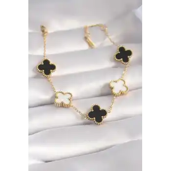 316L Çelik Gold Renk Siyah Beyaz Yonca Model Kadın Bileklik