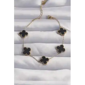 316L Çelik Gold Renk Siyah Mineli Yonca Bileklik