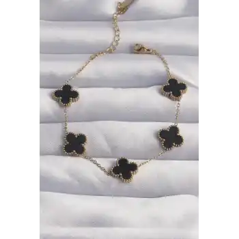 316L Çelik Gold Renk Siyah Mineli Yonca Bileklik