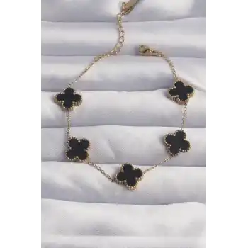 316L Çelik Gold Renk Siyah Mineli Yonca Bileklik