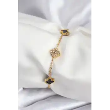 316L Çelik Gold Renk Siyah ve Zirkon Taşlı Baby Boy Yonca Kadın Bileklik