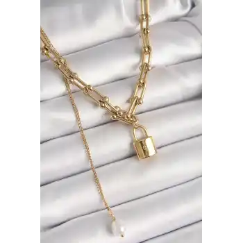 316L Çelik Gold Renk Tifany Zincir Model Kilit Figür Sallantı İnci Detay Kadın Kolye