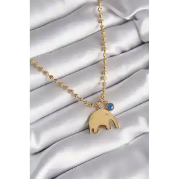 316L Çelik Gold Renk Top Zincir Model Fil Figür Nazar Boncuk Detay Kadın Kolye