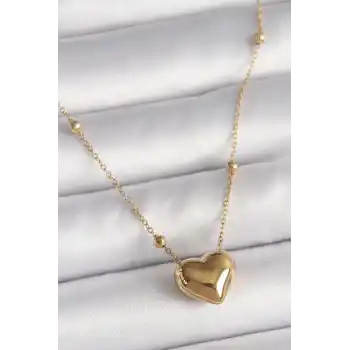 316L Çelik Gold Renk Topçuk Detaylı Zincir Kalp Model Kadın Kolye