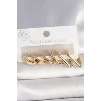 316L Çelik Gold Renk Üçgen Halka Model Kadın Küpe Seti