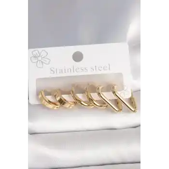 316L Çelik Gold Renk Üçgen Halka Model Kadın Küpe Seti