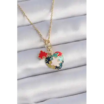 316L Çelik Gold Renk Yapboz Motif Kalp Figür Charm Model Kadın Kolye