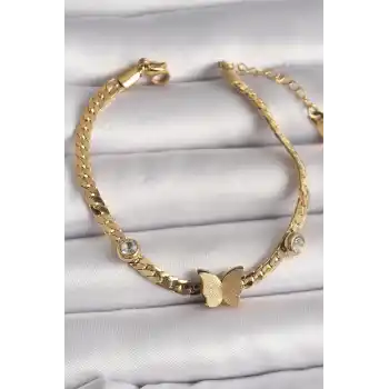 316L Çelik Gold Renk Yassı Zincir Zirkon Taşlı Simli Kelebek Figür Kadın Bileklik