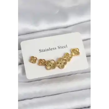 316L Çelik Gold Renk Yonca Küpe Seti