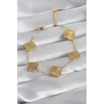 316L Çelik Gold Renk Yonca Model İşleme Detay Kadın Bileklik