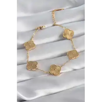 316L Çelik Gold Renk Yonca Model İşleme Detay Kadın Bileklik
