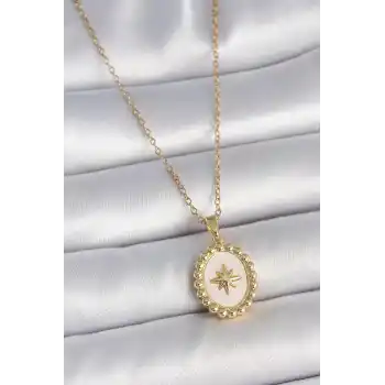 316L Çelik Gold Renk Zincir Beyaz Mineli Kutup Yıldız İşlemeli Madalyon Model Kadın Kolye