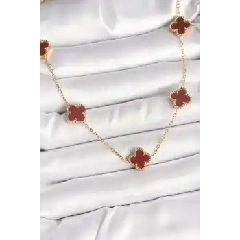 316L Çelik Gold Renk Zincir Bordo Yonca Model Kadın Kolye