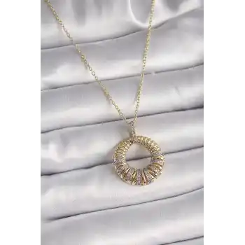 316L Çelik Gold Renk Zincir Gümüş Zirkon Taşlı Daire Model Kadın Kolye