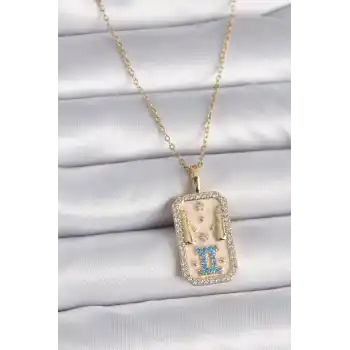 316L Çelik Gold Renk Zincir İkizler Burcu Zirkon Taşlı Kadın Kolye