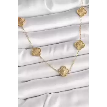 316L Çelik Gold Renk Zincir İşlemeli Yonca Model Kadın Kolye