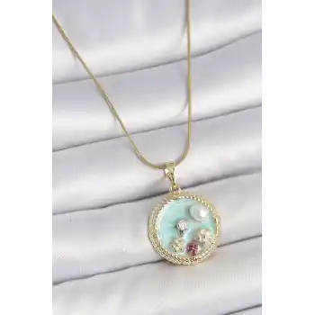 316L Çelik Gold Renk Zincir Mavi Mineli İnci Çiçek İşlemeli Zirkon Taş Detaylı Madalyon Model Kadın Kolye