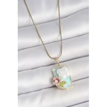 316L Çelik Gold Renk Zincir Mavi Mineli İncili Çiçek İşlemeli Portre Model Kadın Kolye