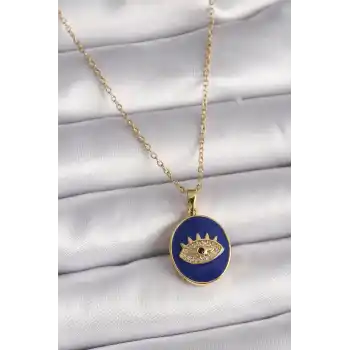 316L Çelik Gold Renk Zincir Mavi Mineli Zirkon Taşlı Göz İşleme Kadın Kolye