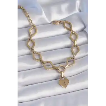 316L Çelik Gold Renk Zincir Model Kilit Kalp Figür Kadın Bileklik
