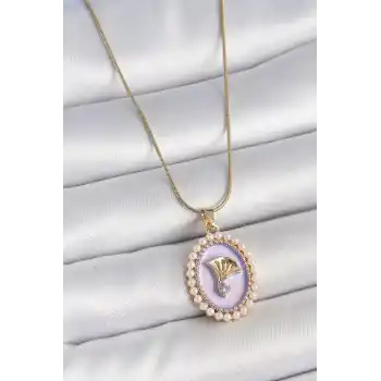 316L Çelik Gold Renk Zincir Mor Mineli İncili Zirkon Taşlı Çiçek İşlemeli Portre Model Kadın Kolye